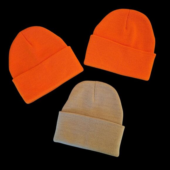 Beanie Knit Cap Lot of 3 Warm Winter Hats NWOT Orange Tan BUNDLE OF THREE CAPS - Picture 1 of 7